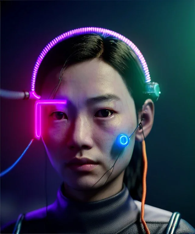 Ultra realistic photographic night portrait, cinematic, <Asian woman> <hanging wires> <retro computer screen> many wires coming out of the head <perfect pupil> <cyborg arm> <garage> <wide angle Shot> <sci-fi futuristic> <thriller>, neon lights, color fog, soft color, highly detailed, unreal engine 5, ray tracing, RTX, lumen lighting, ultra detail, volumetric lighting, high definition.