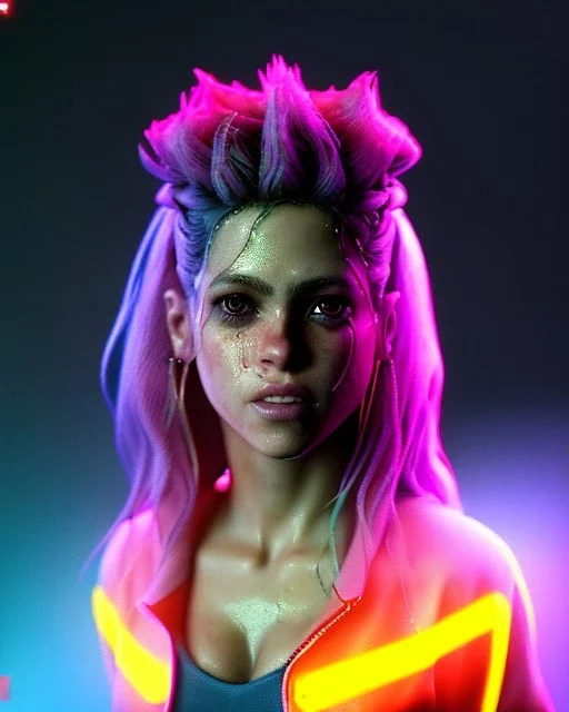 portrait, Shakira, blonde artist, angry, Realistic image, boxing robe, hoodie, mouthguard, nose, band aid, loose long hair, eyes make up, perfect, glow, circle iris. Rain, fog, Neon colors, leds. Dark background, photo studio, neon lights. concept art, smooth, unreal engine 5, god lights, ray tracing, RTX, lumen lighting, ultra detail, volumetric lighting, 3d, finely drawn, high definition, 4k.