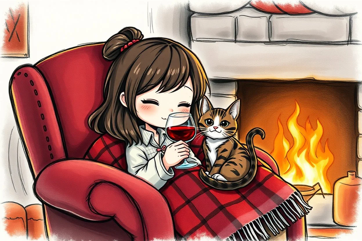 vibrant sketch, cute chibi brunette woman by the firelight, wrapped in a plaid blanket, curled up in an armchair with a tabby cat on her lap, drinking red wine from a glowing glass, S<AI, charcoal