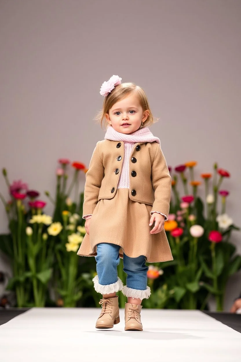 2 years old german baby girl with clothing like fashion model in runway with flowers