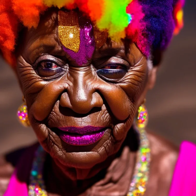 masterpiece, best quality, old woman, dark skinned, sparkling eyes, fluorescent skin, colorful makeup, afro, head shot, highly detailed body, sun light, 4K, RAW, depth of field, high contrast, realistic details, 24mm