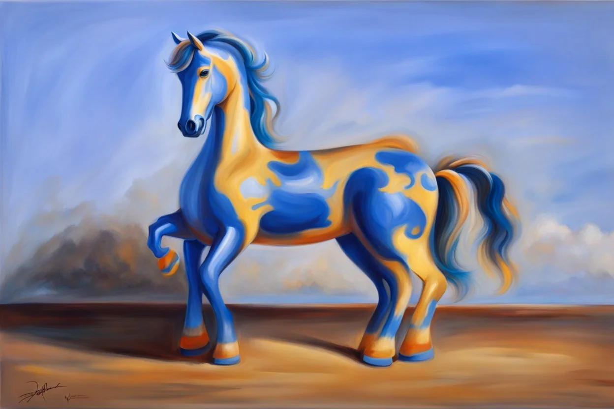 Big blue plastic toy horse.19th painting