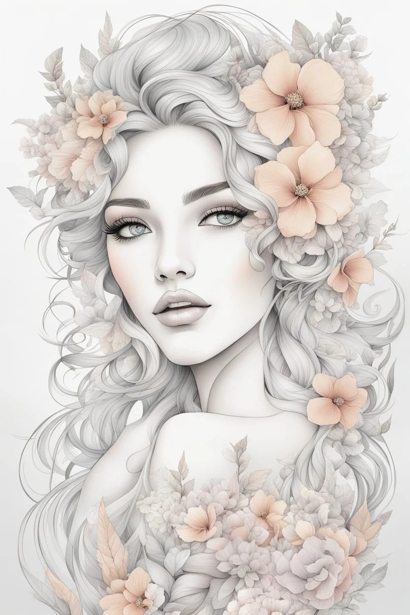 Abstract line art: beautiful, mesmerized drawing skatche girl in her hair nice flowers and in a beautiful flowering dress :: pastel colored flower tatoo, freedom of expression. " line art style