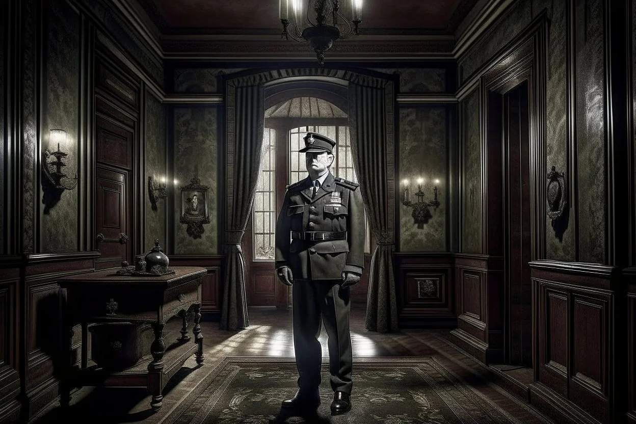 ww2 cop, ww2 dark mansion hall background