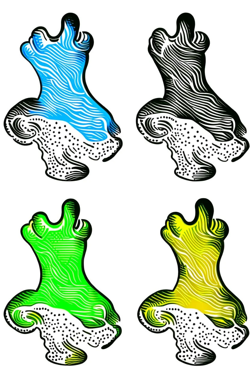 Draw two footprints. The footprint is white and made entirely from the shapes of ghosts in the style of Salvador Dali’s “the face of war”. Use no more than 4 colours.