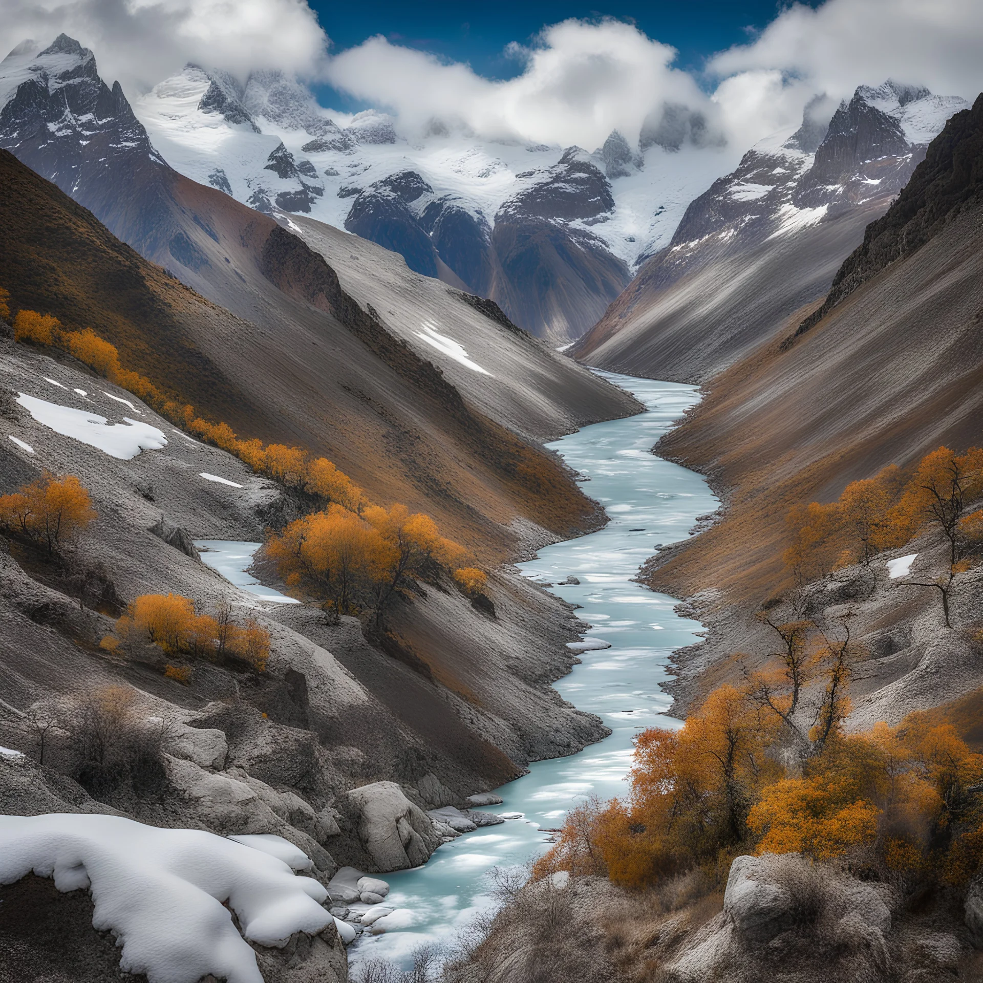 Los Glaciares National Park, Patagonia, Argentina, peaks with snow, river in th deeb canyon detailed trees with detailed branches an leaves and stones with moos in the foreground, phototralistic, autumcolors, blue sky with flyffy clouds, seen from th side from the top of a peak