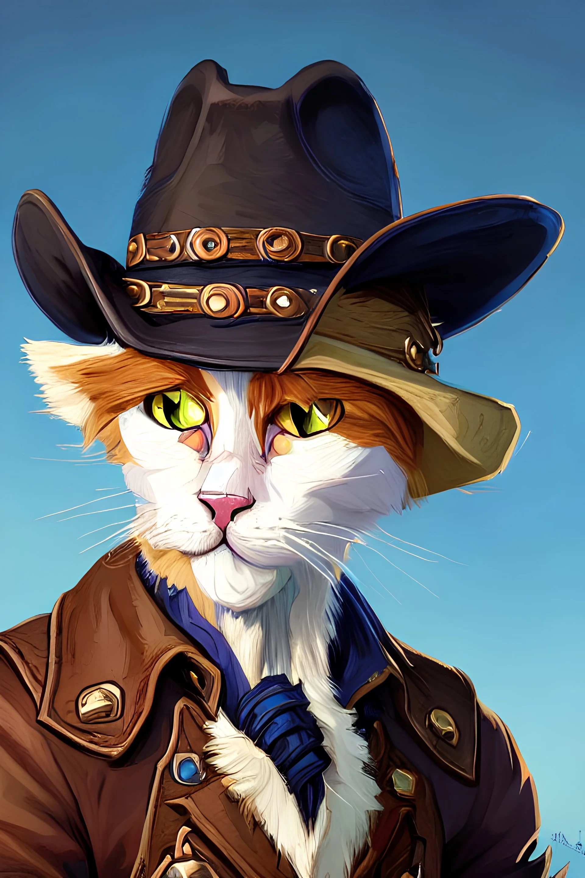 Very cute cowboy cat. Very perfect eyes. Painting style Louis Wain