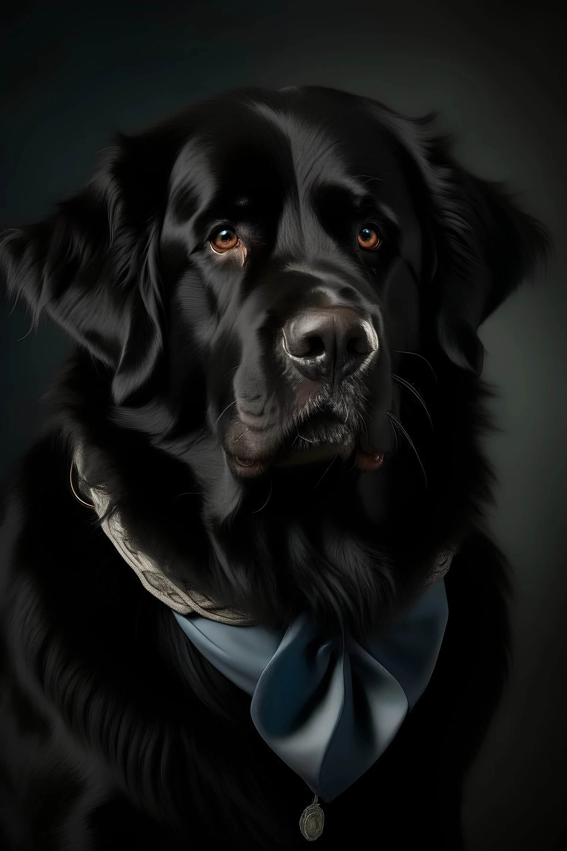 Portrait of a black Newfoundland dog dress up as an aristocrate