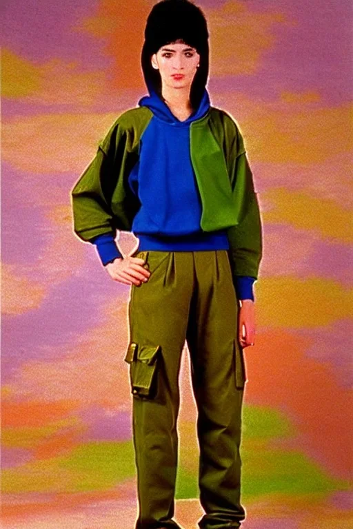 year 1994 women fashion. "summer combat suit trouser" with low waist, baggy, Combat pants, t-shirt and interesting hoodie with high tippet integrated to bolero. Colors: denim blue, blue, purple, khaki, "light and bright green", lilac, plum, orange, terracotta, red, pink, dark blue, beige. Women models. Starling pattern prints.Jennifer Lopez, Gwyneth Paltrow, . Big tennis shoes on. Cargo pants.