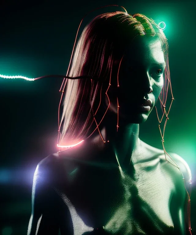 Ultra realistic photographic night portrait, cinematic, naked, long hair <sexy woman> <hanging wires> many wires coming out of the head <perfect pupil> <cyborg> <garage> <wide angle Shot> <sci-fi futuristic> <thriller>, fog, soft color, highly detailed, unreal engine 5, ray tracing, RTX, lumen lighting, ultra detail, volumetric lighting, high definition.