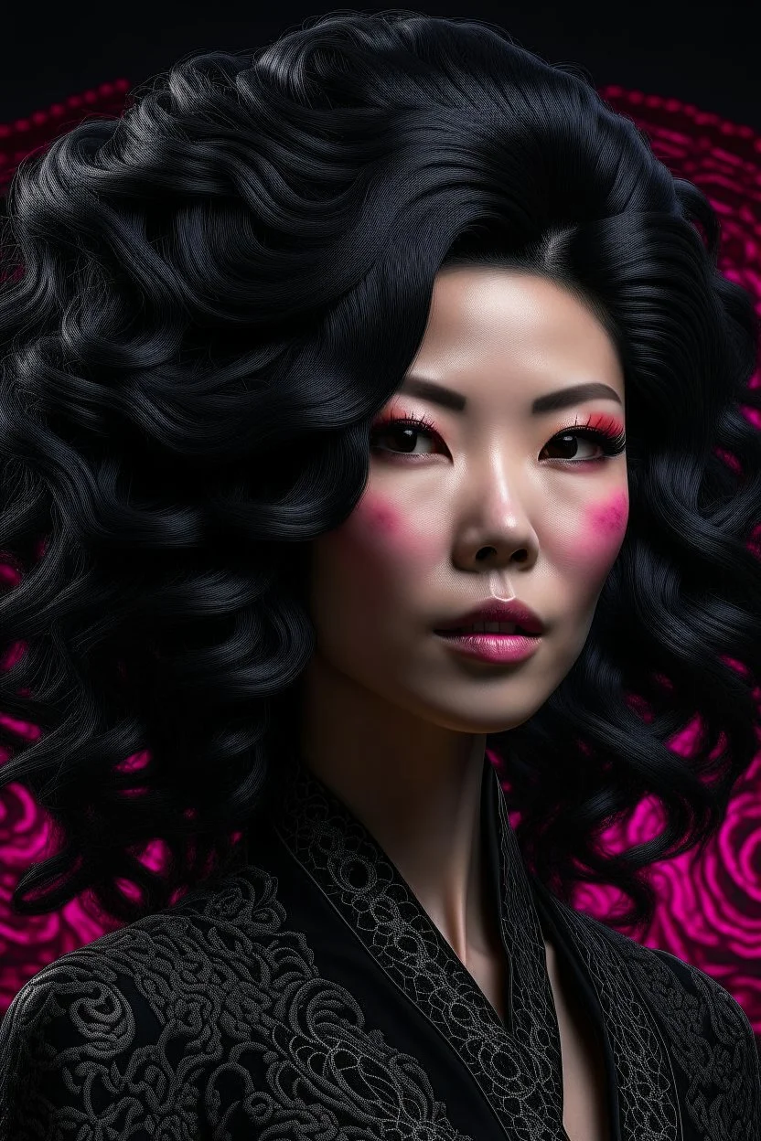 portrait of a mature asian goth woman with wavy black hair, fantasy style, realistic style, highly intrictae details, high quality, 8k