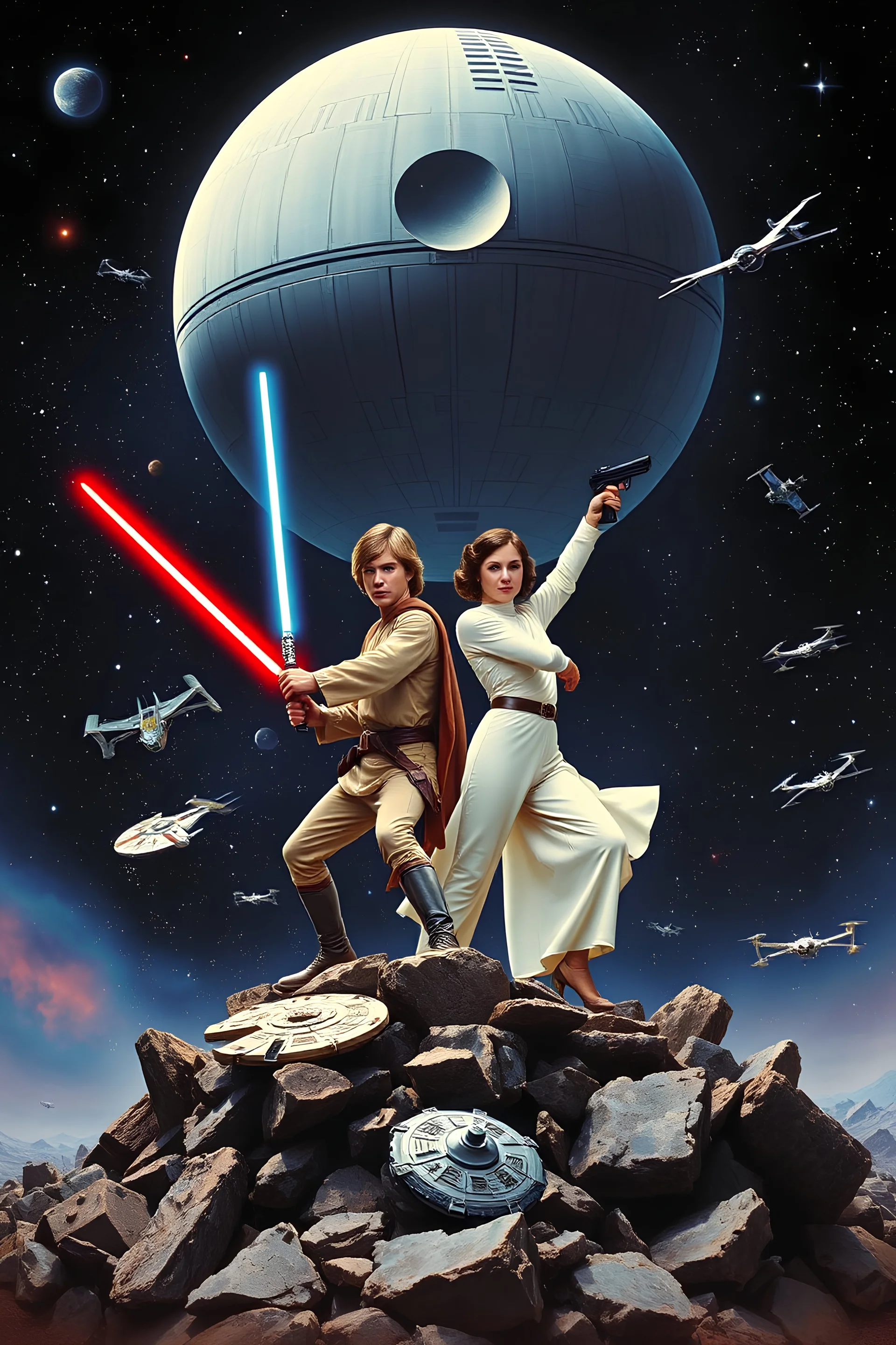 stars nebula and the Death Star large at top, in front in poses from the original star wars posters is Luke Skywalker with lightsaber and Princess Leia Organa with upward pointing raygun both in white clothing atop crumbling stone and starship parts, the millenium falcon and x-wing fighters and tie-fighters flying among the stars