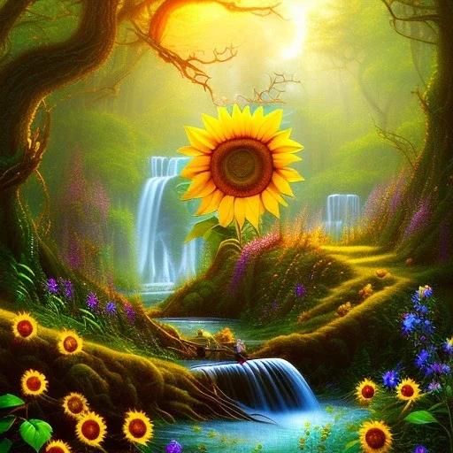  sunflower, in winding magical forest with waterfall and a creature