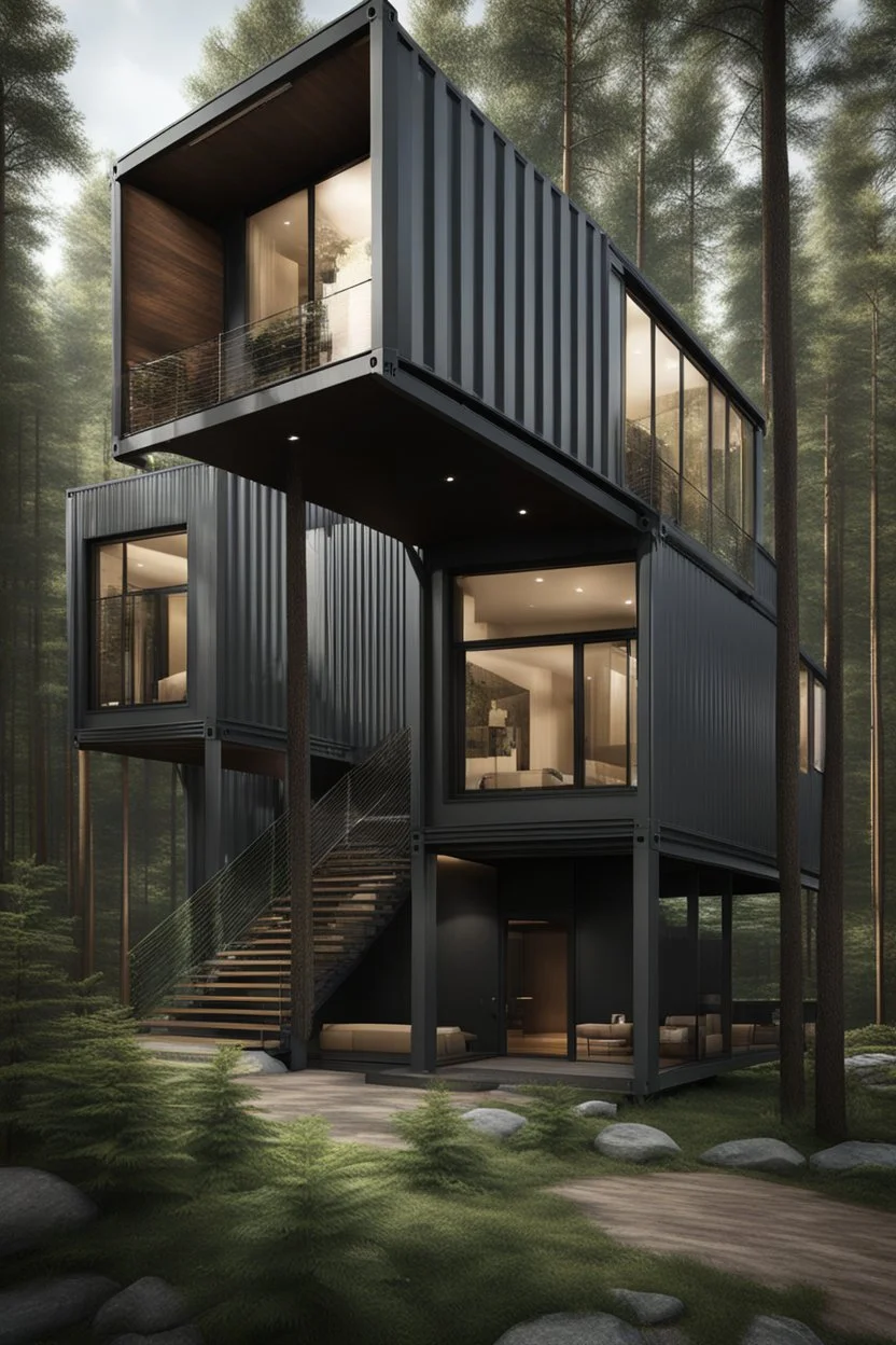 large house in the woods made from shipping containers, photorealistic