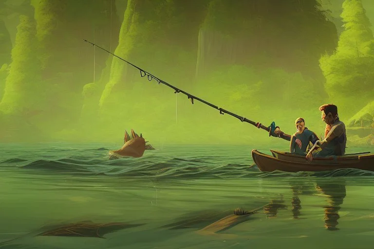 A man is attacked by a mutated monster in sea while he is fishing, cartoon style Simon Stålenhag