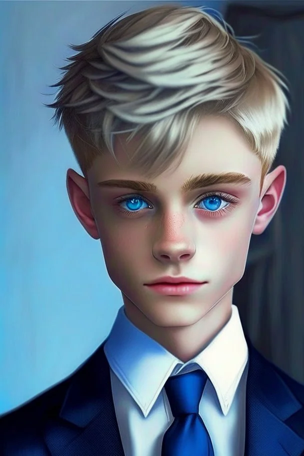 A cute Twink boy, haircut, blue eyes, suit