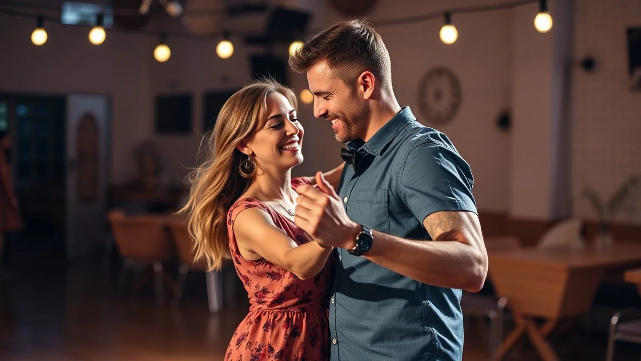 A man and a woman in their thirties are swing dancing