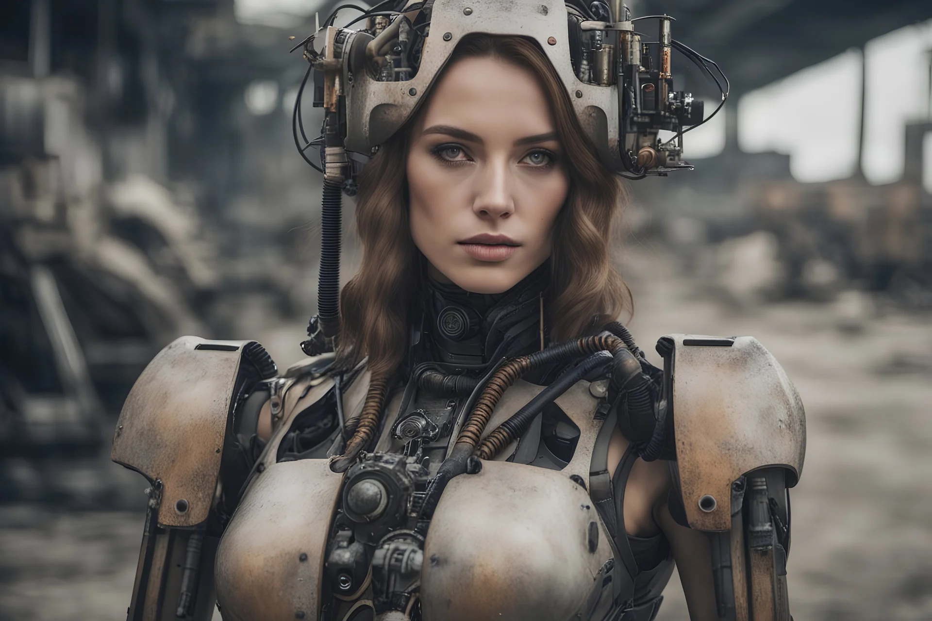 A hyper-realistic, A robotic woman with a hybrid of human and machine components, posed in a post-apocalyptic wasteland.., Photo Real, 64k