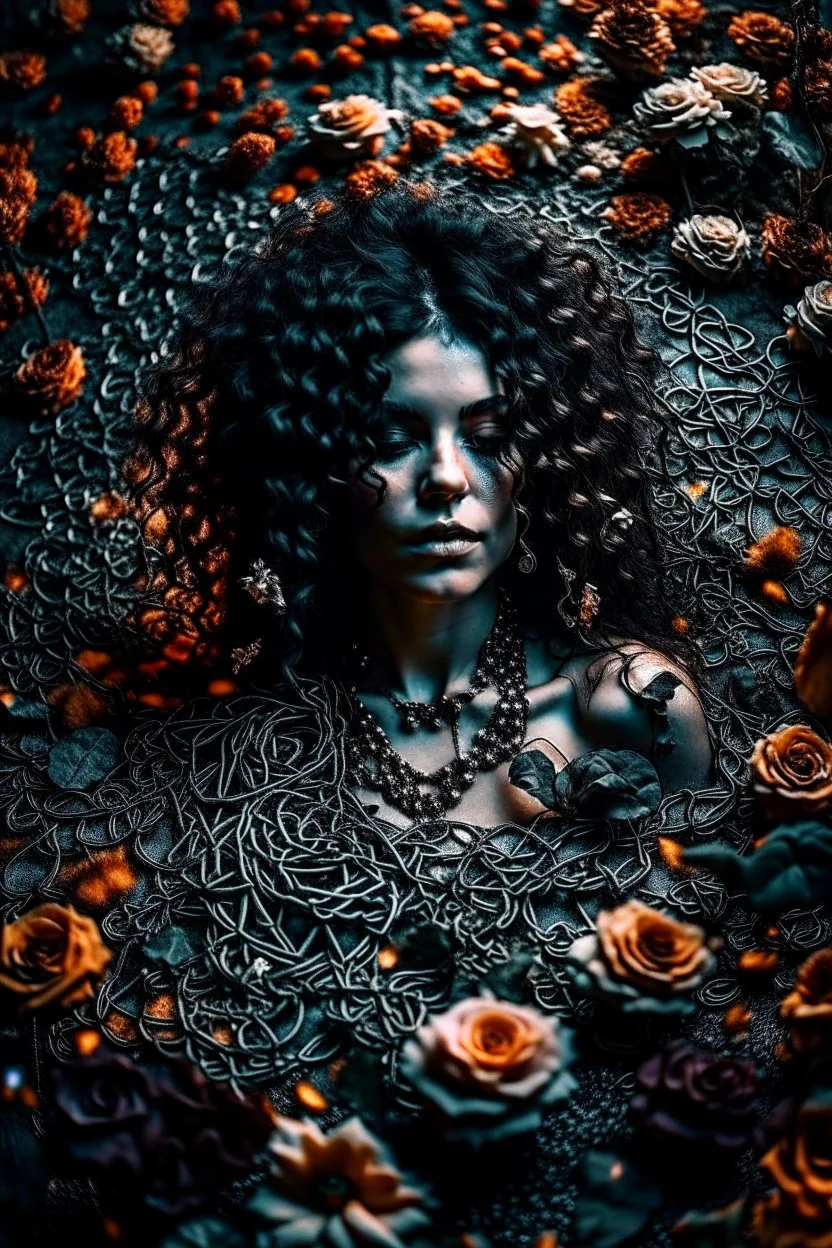 abstract creation of a beautiful girl with black curly hair, surrounded by black roses, thick metal chain broken, glass petals on the ground, autumn colours,dried out thorn bush, chaos,