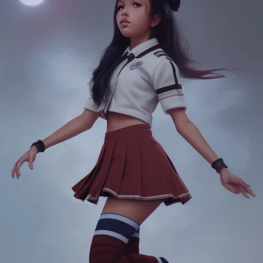 Jenna ortega with school uniform, seifuku, pleated miniskirt, overknee socks, painted by artgerm and tom bagshaw, fantasy art, dramatic lighting, highly detailed oil painting, volumetric lighting