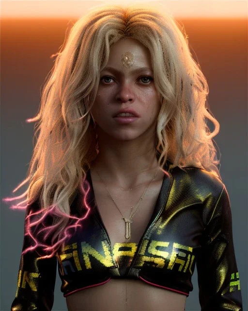 portrait, Shakira, blonde artist, angry, Realistic image, MMA robe, hoodie, mma gloves, loose long hair, eyes, makeup, gold line make up, moisture, sweat, fog, goddess, Neon colors, leds. Black background, photo studio, concept art, smooth, unreal engine 5, god lights, ray tracing, RTX, lumen lighting, ultra detail, volumetric lighting, 3d, finely drawn, high definition, 4k.