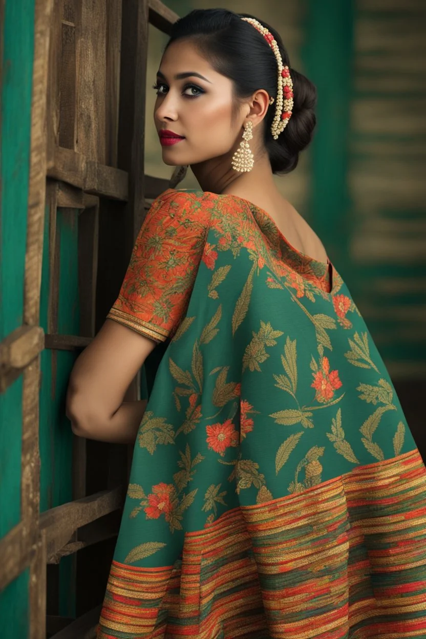 Aesthetic, 3D, Digitized, Hyper realistic, Surreal, Mesmeric, "Assamese Ethnic Tribal / Traditional Woven Women Attire" & Textile (Handloom) Industry themed Mekhela Chador (The bottom half of this distinct dress is called the 'Mekhela ', a round fit used waist downwards over a petticoat) designs, **Featured Designs:** A nature enthusiast who incorporates earthy tones and tribal patterns into her fashion choices, reflecting her deep connection to the natural world. **Appearance:** fictional femal