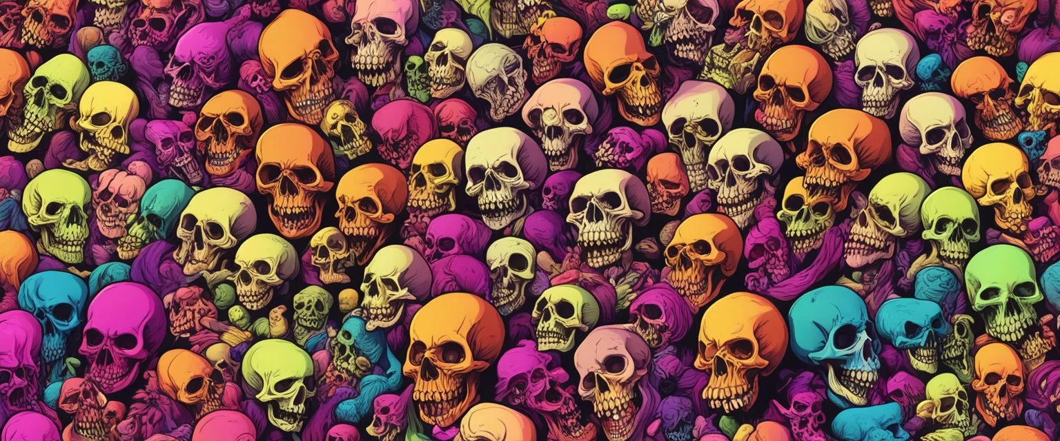 a field of 1000s of cartoonish, anatomically correct, skulls, vivid RANDOM BRIGHT neon colors, dark comedy, well lit, high detail, photorealistic, horrorcore, fun, scary, dead, 100