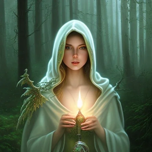 romantic fantasy spray painting, portrait of very cute hooded green eyed blonde robed bard with halo sitting on huge stone, bubbles, tossing torch in magical forest, foliage frame, magic wand