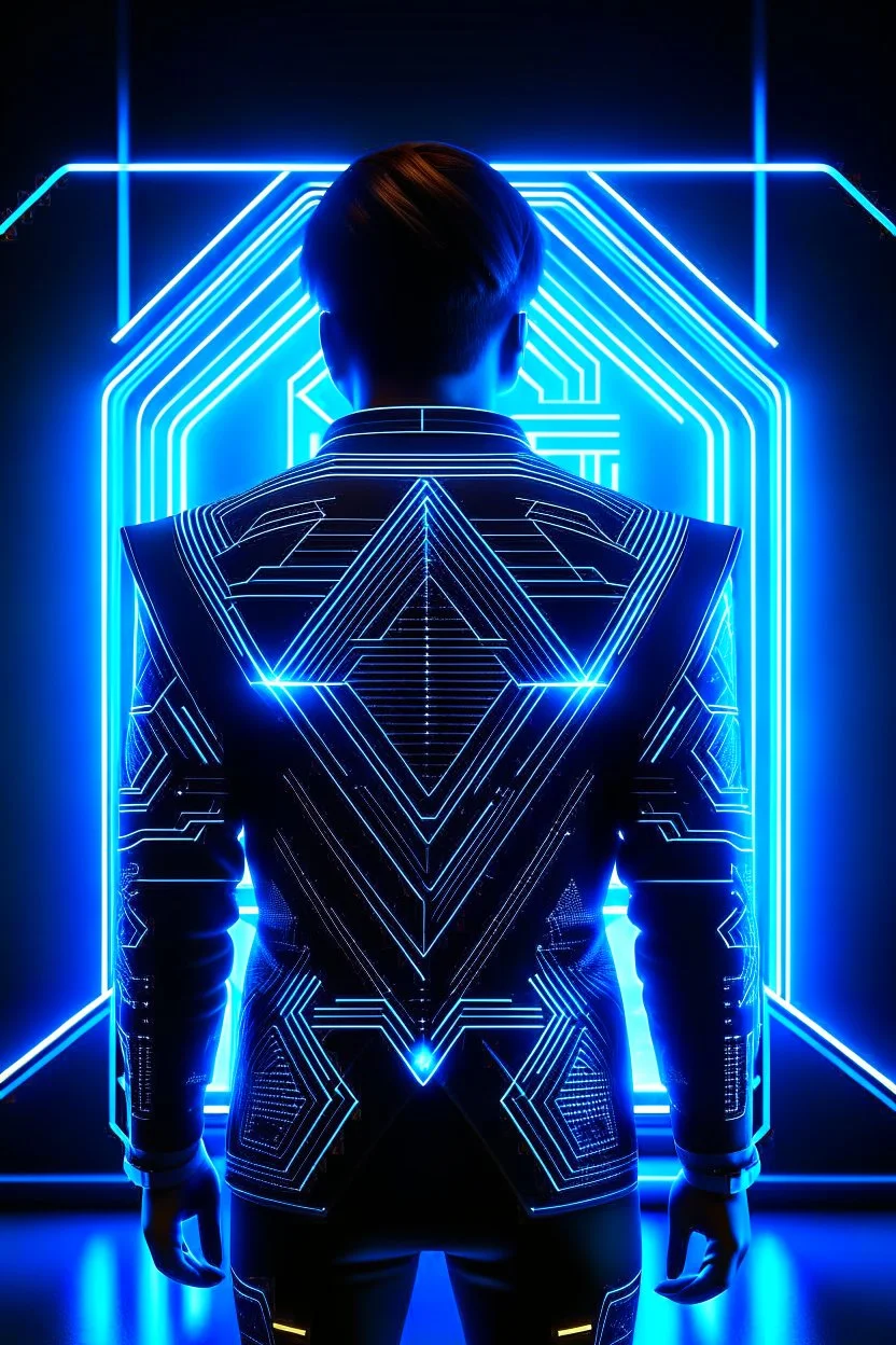 cyberpunk, neon blue, triangle of light floating behind the back, cyber suit, geometric patterns on a suit, male