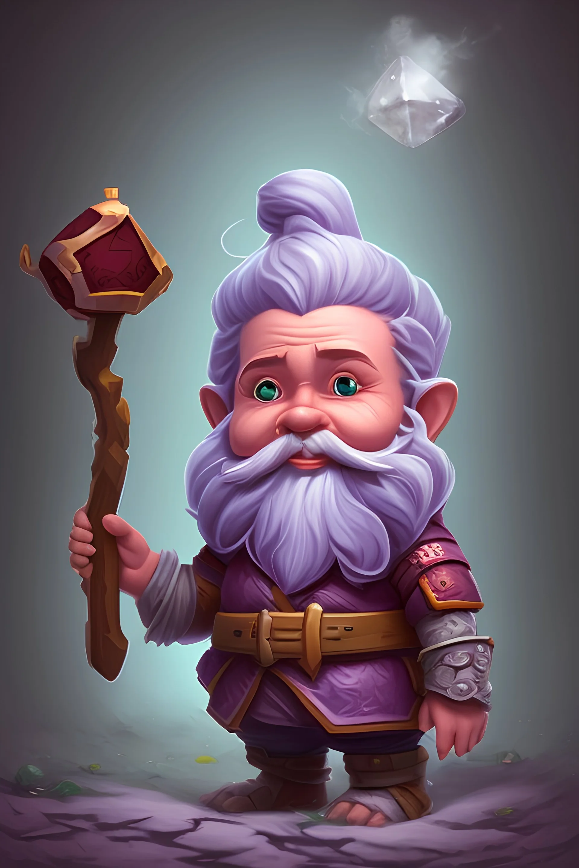 Pathfinder young gnome rouge purple hair with a dice in his hand no beard
