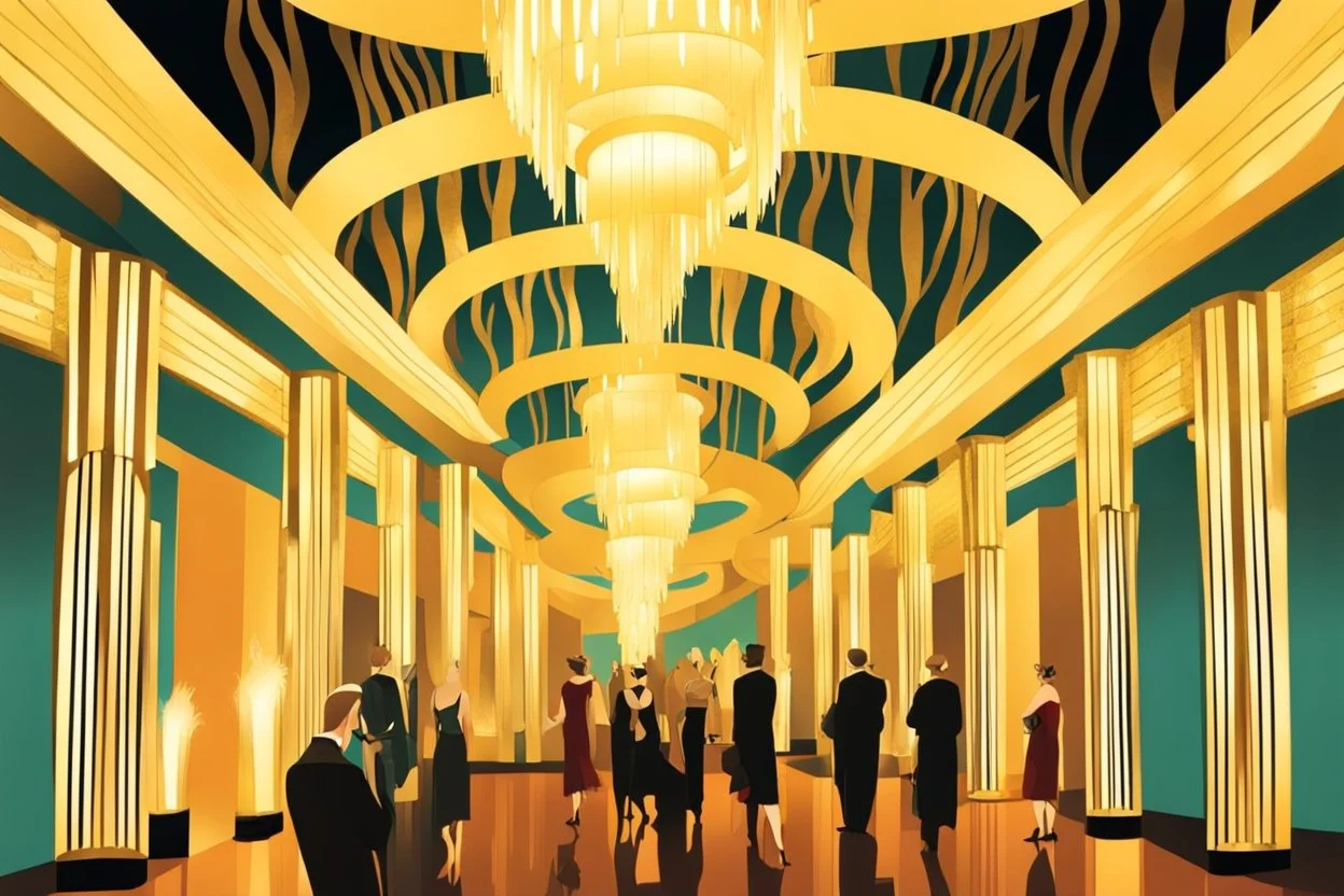 Inside an Art Deco Opera foyer, with mirrors and brass sconces, incandescent, gleaming, people in glittering extravagant costumes with feathers