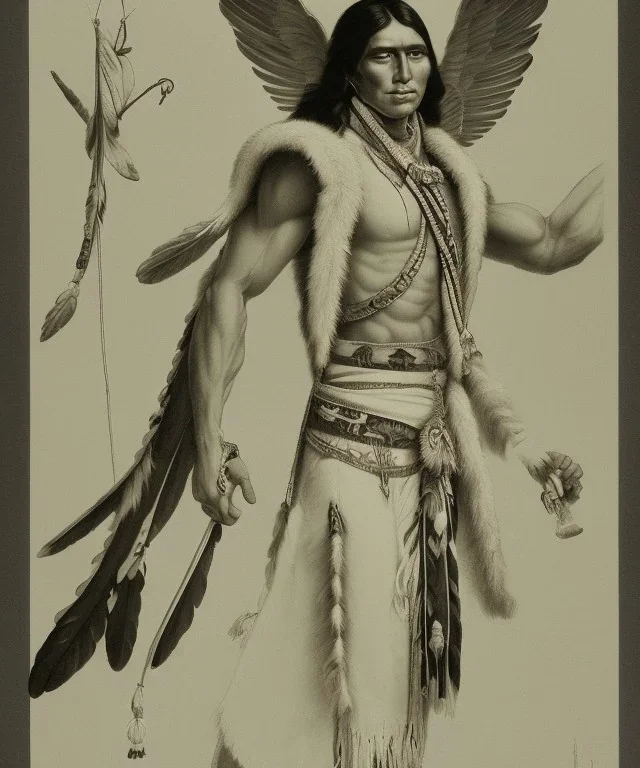 Athahualpa, native american warrior, long black hair, big muscles, white fabric coat like wings