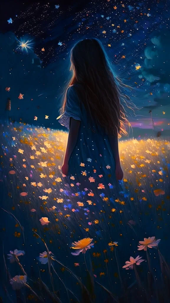 girl standing from behind, night, stars, beautiful painting, field, beautiful girl, dream, summer, shining stars, beautiful flowers, 8k