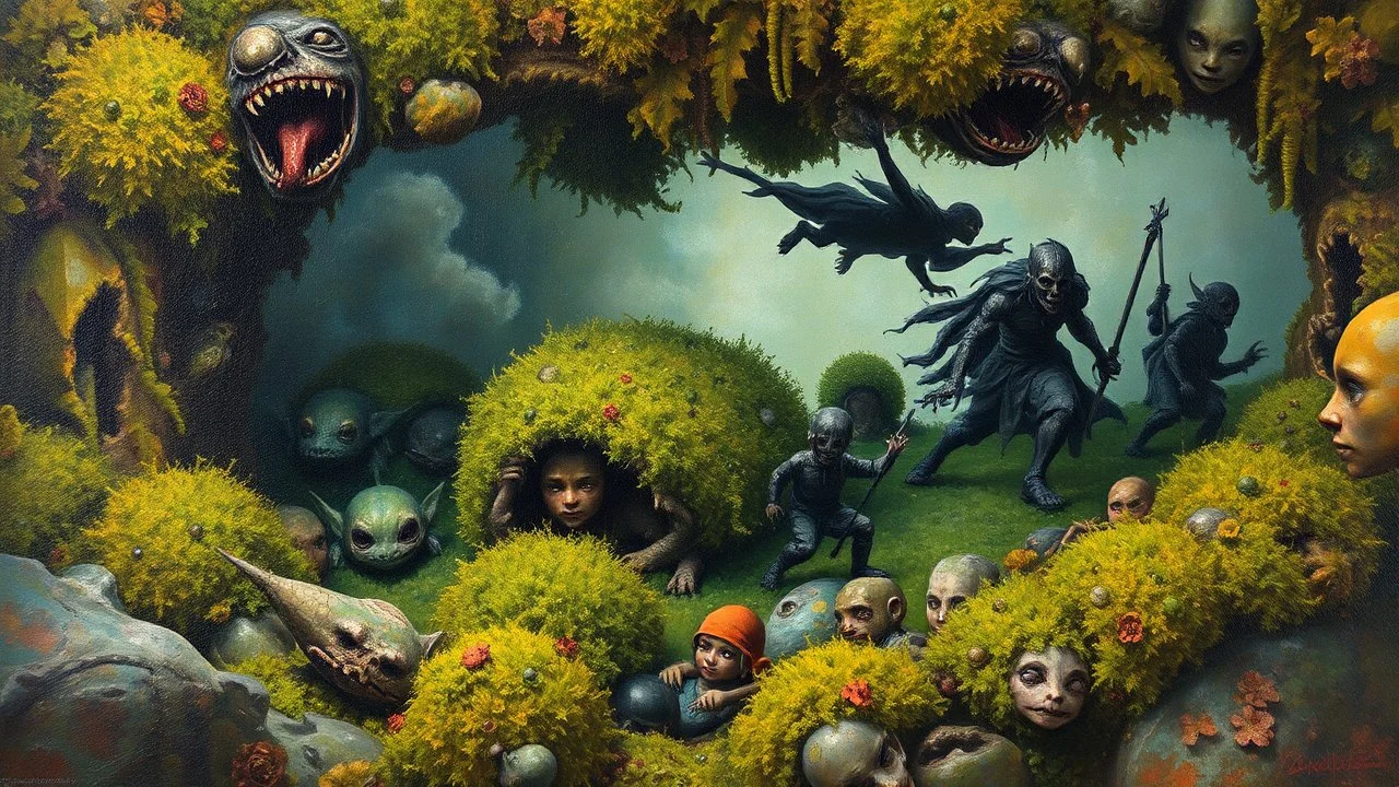 Shying away beneath the moss-covered surface, the timid creatures hide their true selves from the world. Amongst them, the bronze heroes discard their fears, casting away their inner demons as they make a swift escape from danger. This compelling scene unfolds in a stunning painting, showcasing intricate details and vibrant colors. The shyness of the mysterious figures contrasts beautifully with the boldness of the heroes, creating a visually striking image that captivates the imagination. Rich