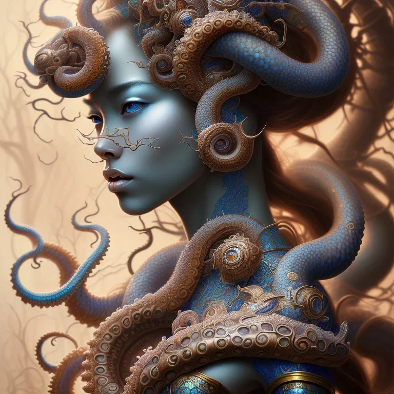 Sango fantasy, fantasy magic, intricate, sharp focus, illustration, highly detailed, digital painting, concept art, matte, art germ and Paul Lewin and Kehinde Wiley, masterpiece Indonesian lady head bronze octopus Asian African girl nice breast Thai hair turquoise silver blue waves