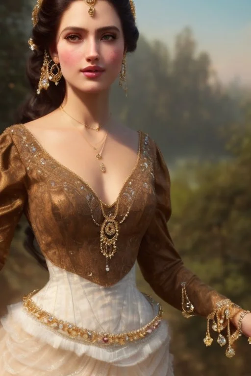 long shot beautiful and gorgerous duchess with incredible jewellery in 19th century clothing by Greg Rutkowski and Artgerm and Emile Vernon and Vladimir Volegov, in a brown dress, mystical castle background, art illustration, natural beauty, muted colors, pastels, perfect fingers, higly detailed, expressive, high detail, symmetrical, digital painting, symmetrical eyes, dynamic lighting, artstation, cinematic lighting, intricate artwork, emitting diodes, smoke, artillery, sparks, racks, system u