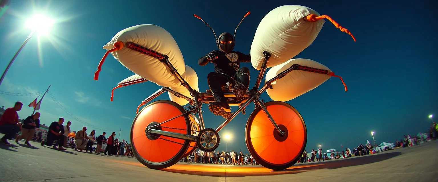 pinhole cam, airbrush 3d rendering, big tics and a cyberpunk robot The ninja priest Mantis ballooner, huge mech 🦗🥊 A bizarre upright flying hydraulic bicycle-creature, front wheel replaced by articulated mantis-like arms carrying enormous inflatable pillows, looking far too serious about complying with official pillow-fighting regulations.