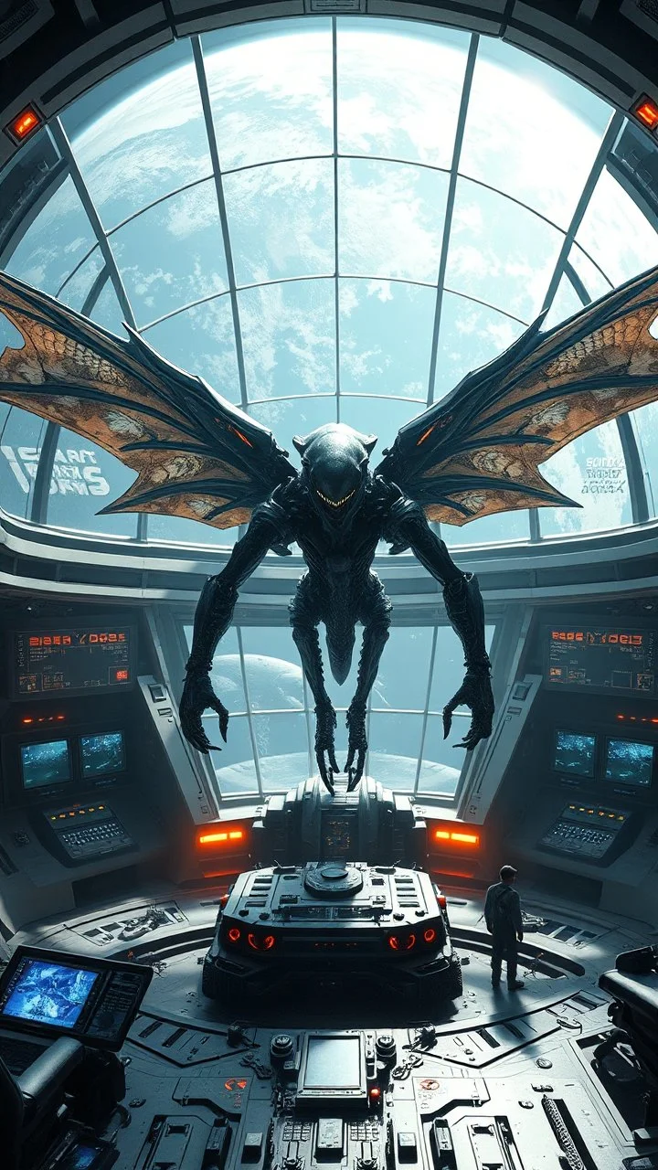 A centering dynamic view action of an alien spaceship control room with huge windows looking at planet Earth showcasing the fusion of sigma and Neumorphic elements, depicting a fully fantasy of an alien with wings Its intricate mechanisms are driven by interlocking. Stance on black mechtech battlefields abandone Dojo.