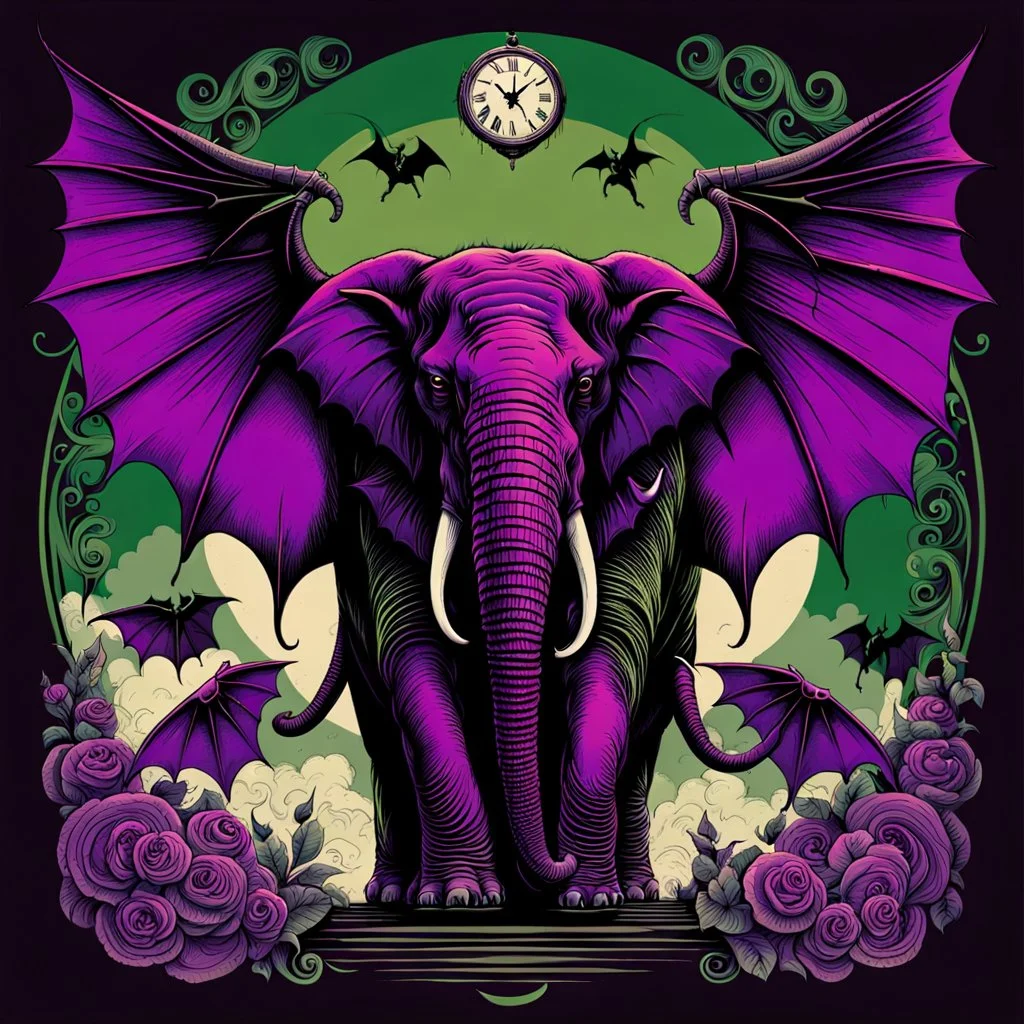 color Ink illustration by Phillipe Druilett, heavily inspired by the unsettling symbolism of Virgil Finday and Alexander Jansson, Demonic bat Winged Purple Elephant, wings coming from shoulders, large round clock embeded in the elephant's head, taken from a slight anglered and dark_green and black color scheme dominating the artwork, grim narrative, smooth illustration, chilling Eldritch motifs, UV reactive color slashes, textured surface, ominous representation, unsettling.