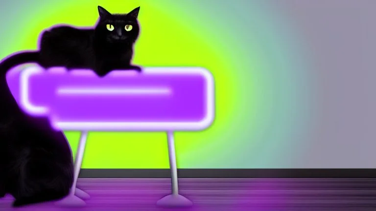 black cat sitting on an office chair, dark room with neon violet lights, realistic