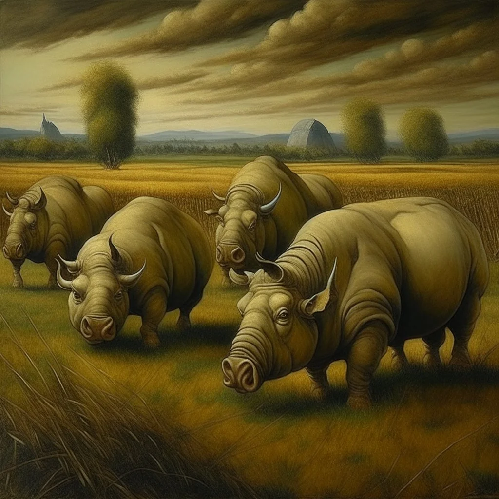 a field with haystacks and rhinos painted by Albrecht Durer