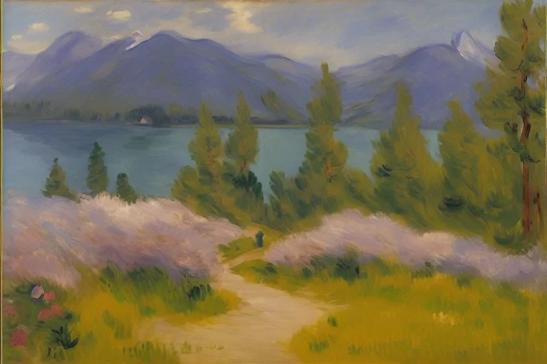 Mountains, lake, flowers, pathway, pine trees, clouds, edouard manet impressionism painting