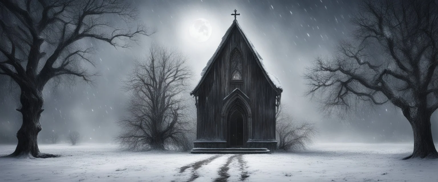 Hyper Realistic Haunted Chapel between a Field & dry old tree at heavy snowfall night with a headless man