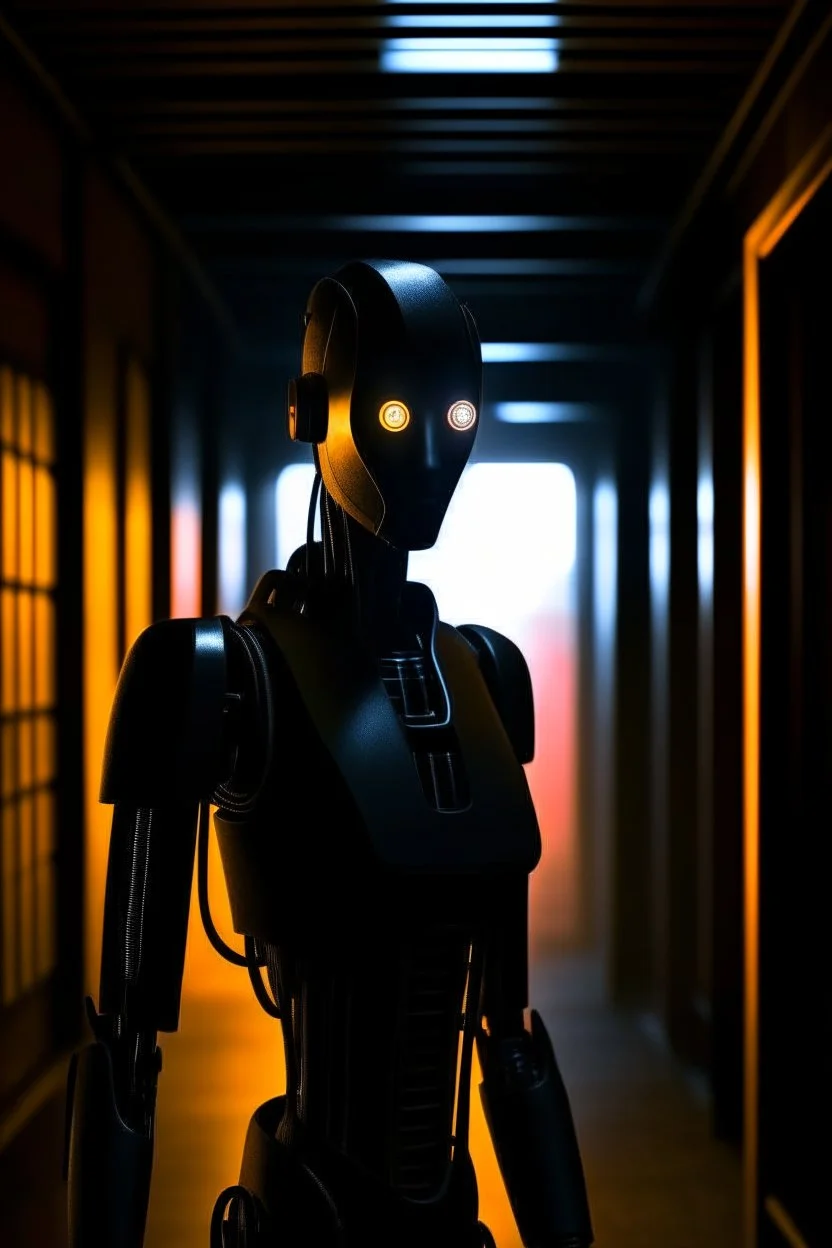 neon charcoal robot in forbidden obsidian chariot, prison cell hall background, guards, stares at us like we are the prettiest demon it has ever seen, its such a perfect day i am glad i spent it with you, motion blur, smoke, 8k, downlight, soft light, depth of field, photorealism, trending on art station, lotsa detail