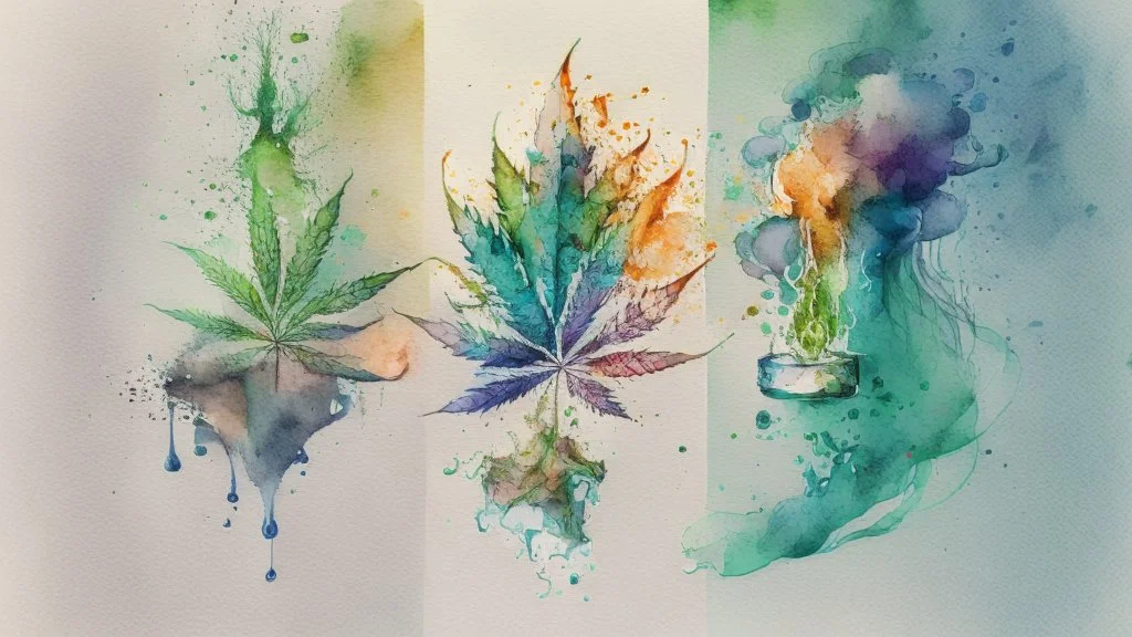 Create a visually captivating water colour sketch that represents the different stages of addiction and recovery, incorporating symbolic imagery of weed, smoke, and crushed weed.