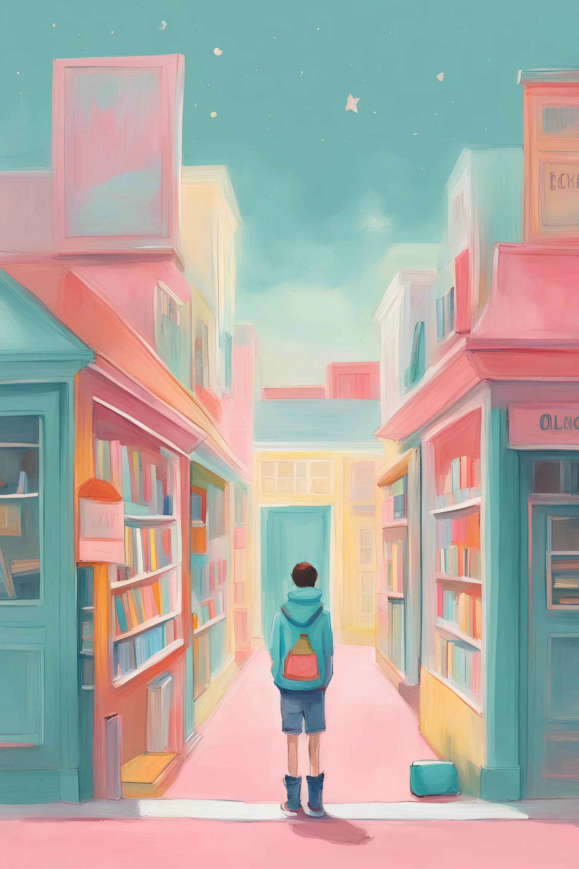 An art piece inspired by the book \'kids book store\' by Oliver Jeffers. Use Oliver Jeffers style with colorfull style, minimal solace, pastel painting.