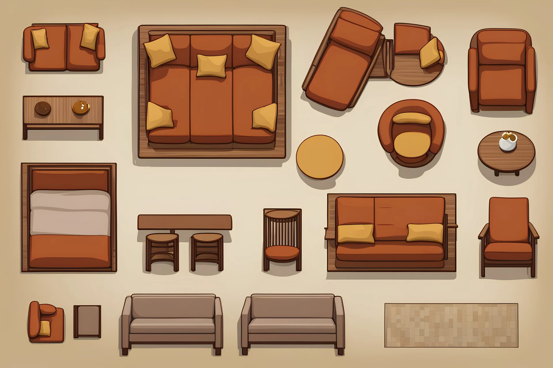 Sprite sheet, furniture, architectural, couch, table, chair, top view,