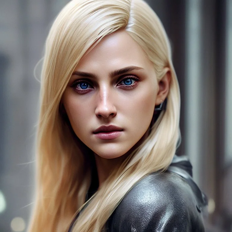 Photorealistic close-up of a beautiful blonde assassin with dystopian clothes and background