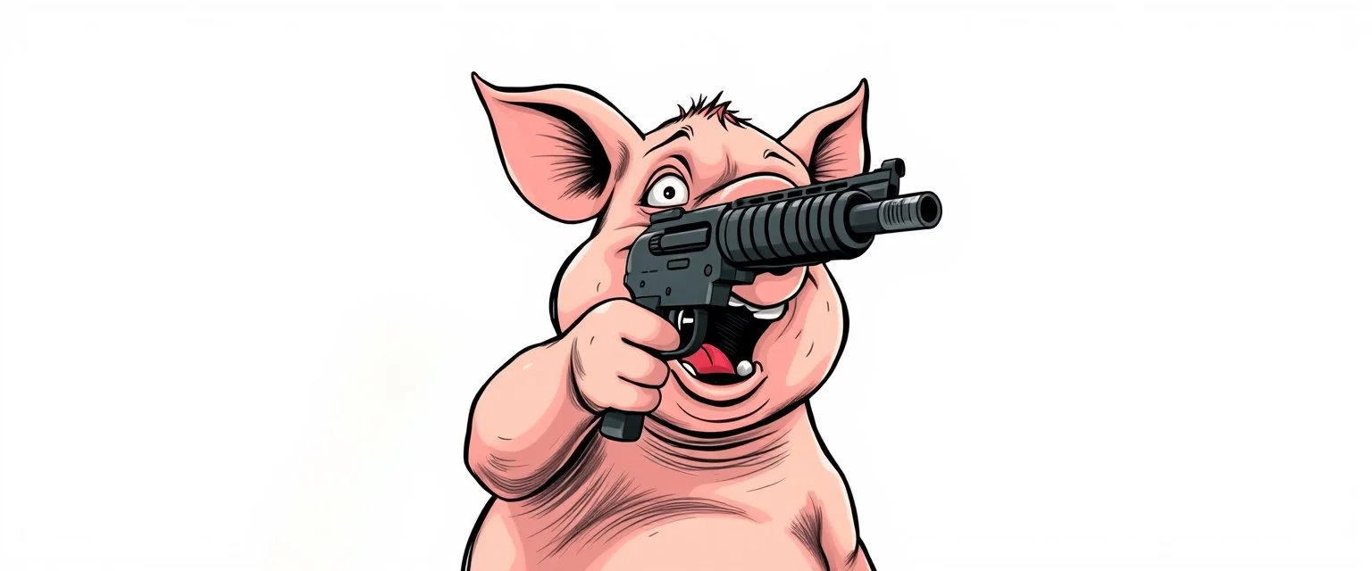 scared pig pointing uzi gun up into the air, stupid cartoon, airbrush and pen outline