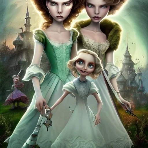 extrem tim burton style of the evil stepsisters, sharp focus, beautiful eyes